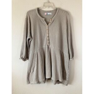 FREE PEOPLE BEACH Blossom Button-up Tunic Dress L Ribbed Oversized Boho Beach